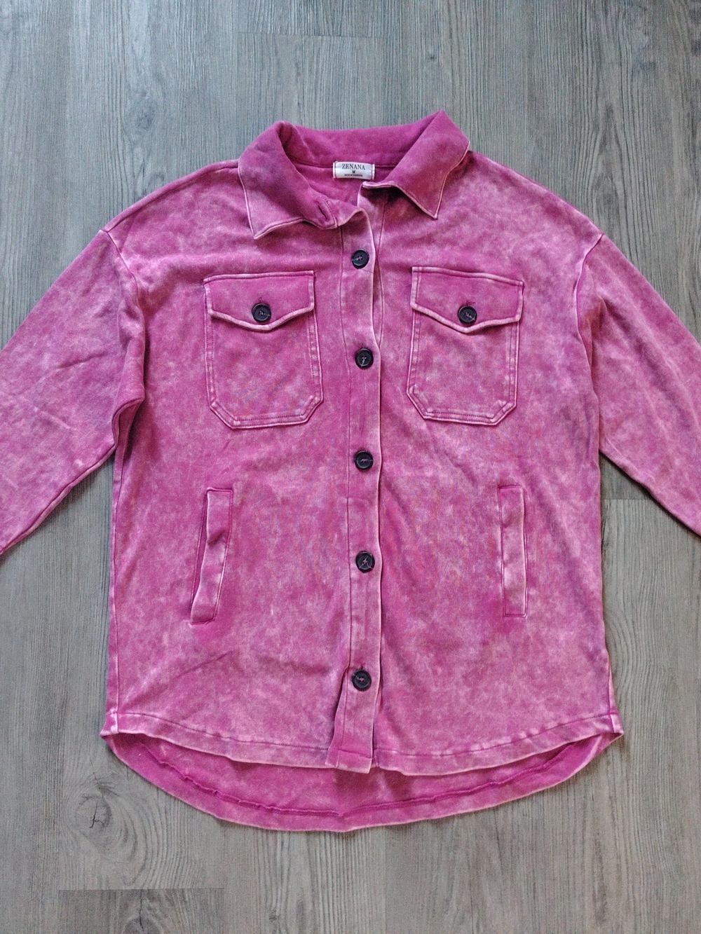 Zenana Women's 100% Cotton Longline Shacket Magenta Pink Acid Wash Jacket Size M